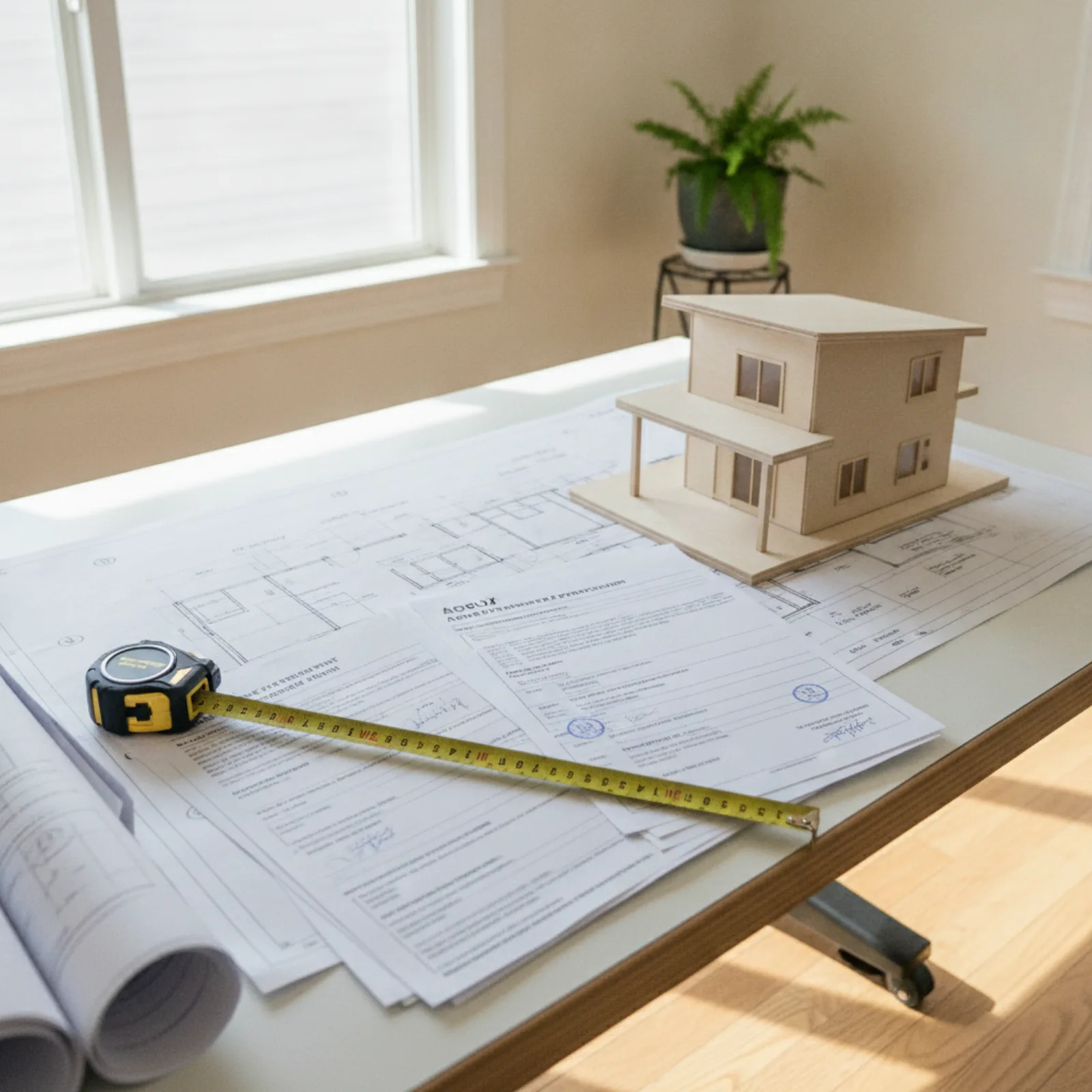 Architectural plans spread on a table next to a San Diego County permit application