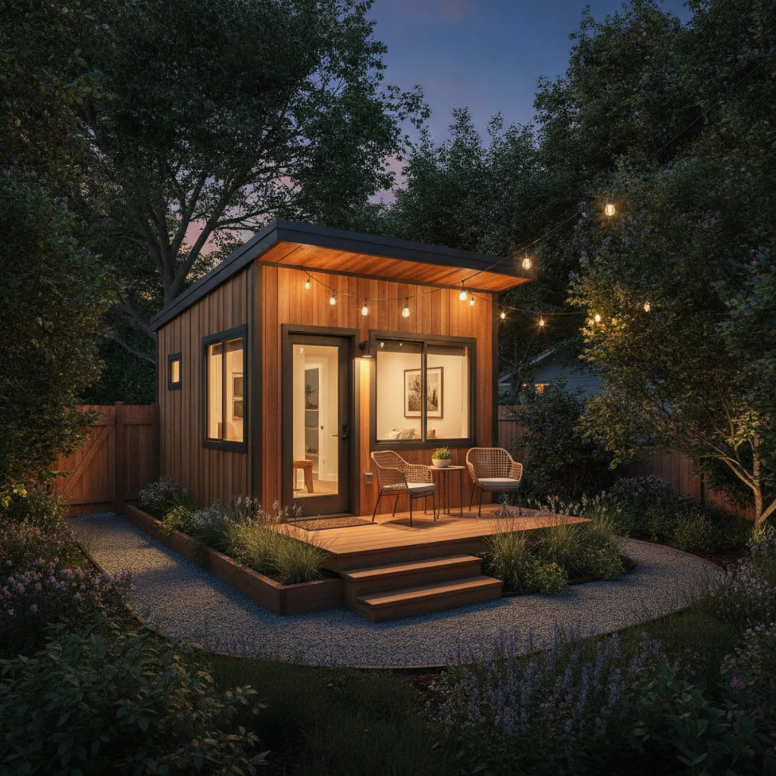 Small backyard home with warm lighting in a San Diego neighborhood at dusk
