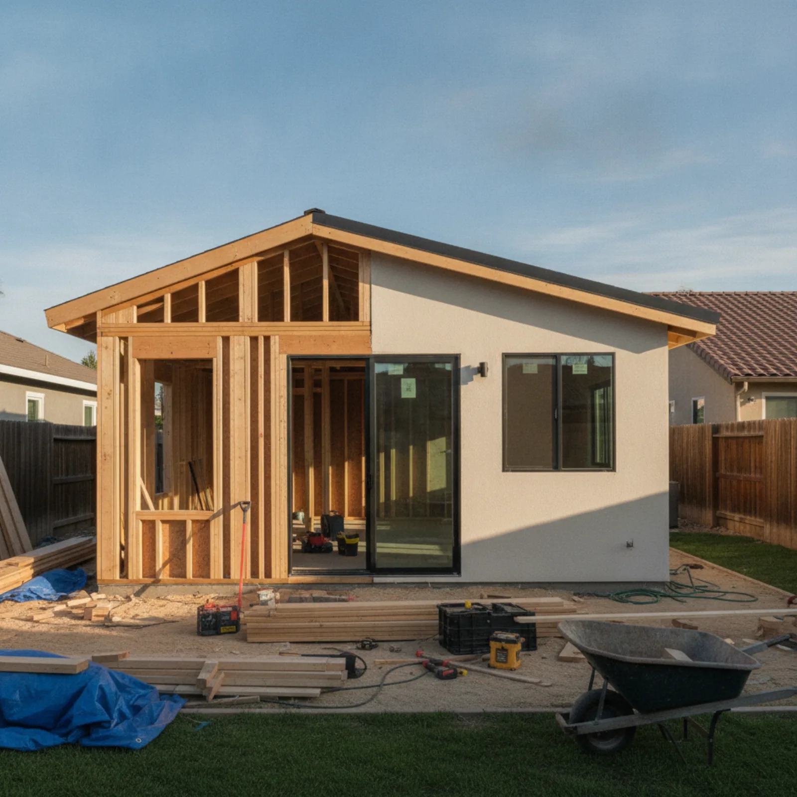 ADU under construction in a San Diego County backyard showing framing and roof structure