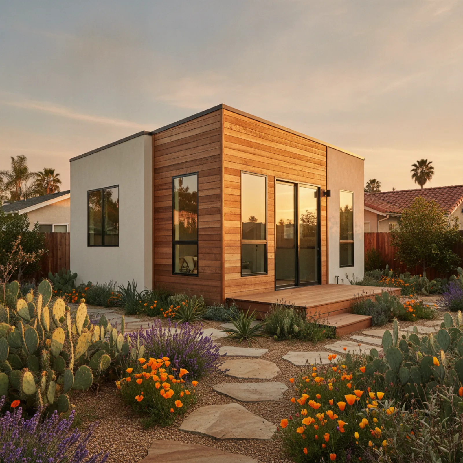 Backyard ADU under construction in San Diego County with framing visible