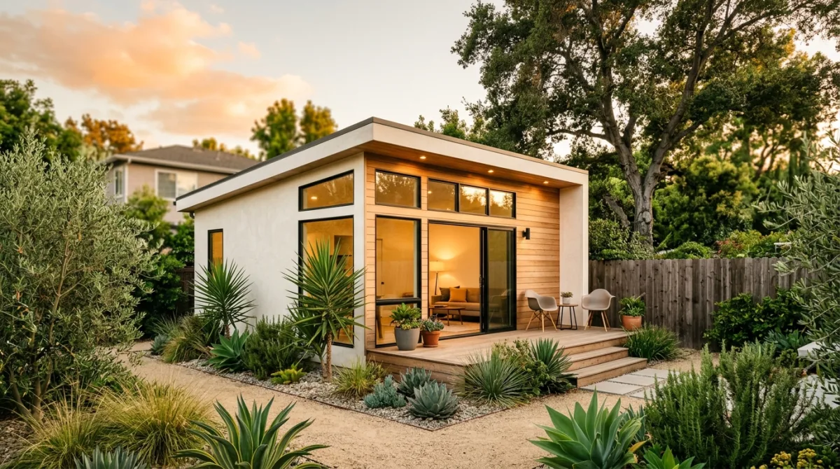 A modern detached ADU in a San Diego County backyard at golden hour