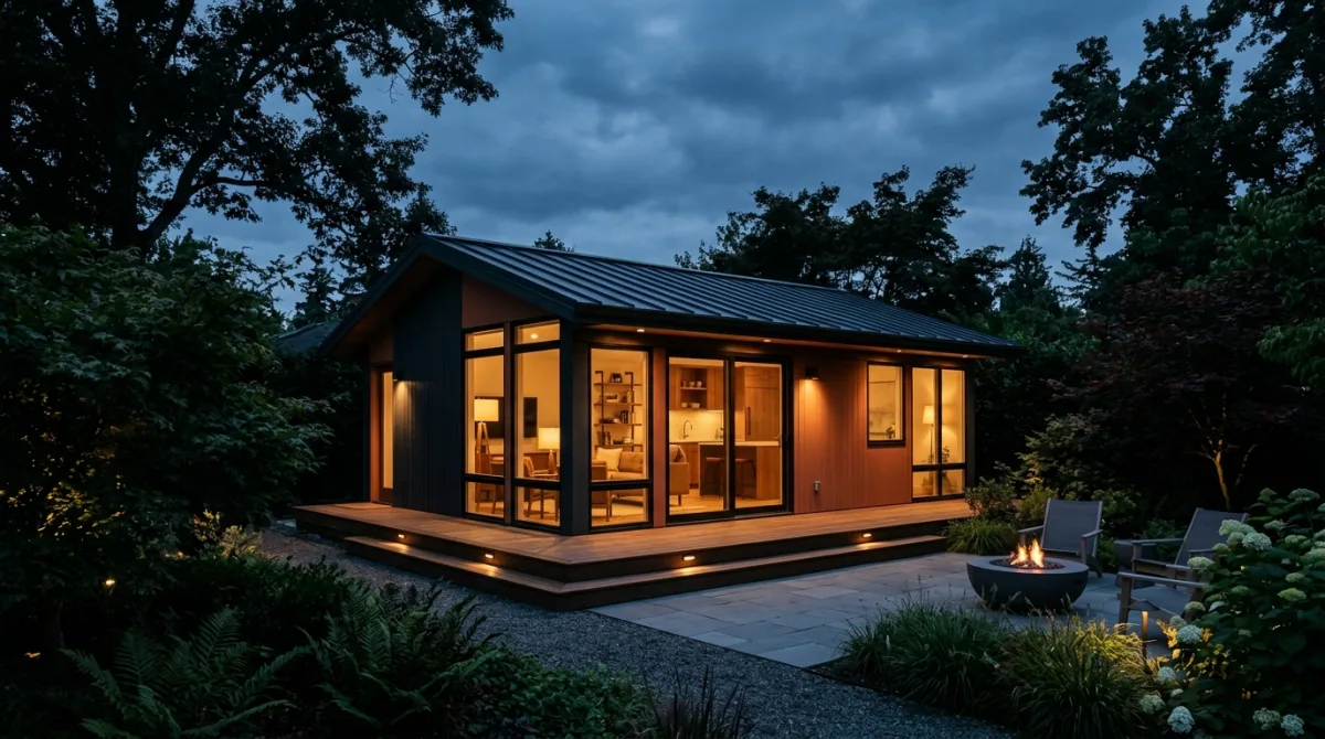 A nearly finished detached ADU in a San Diego backyard