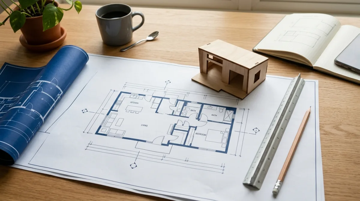 ADU floor plans and a wood house model on a designer table