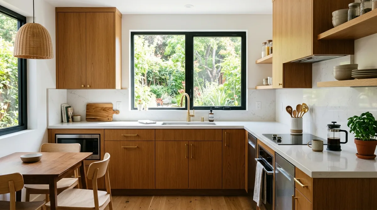 A converted garage ADU interior with warm finishes